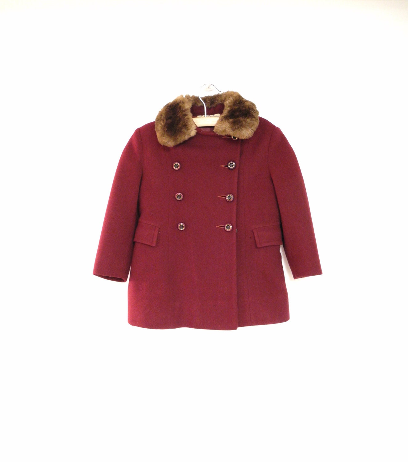 1950's Marshall Fields Double Breasted Red Burgundy Wool Coat with Fur Trim - BabyTweeds
