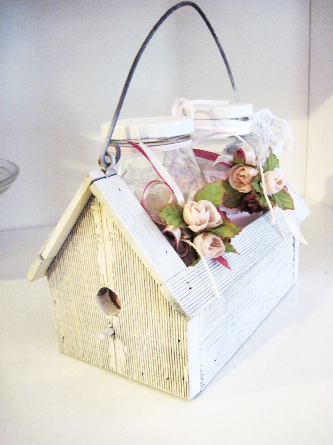 French Shabby Chic Decorated Jars in a Wood Box, Storage Jars Treasury Item