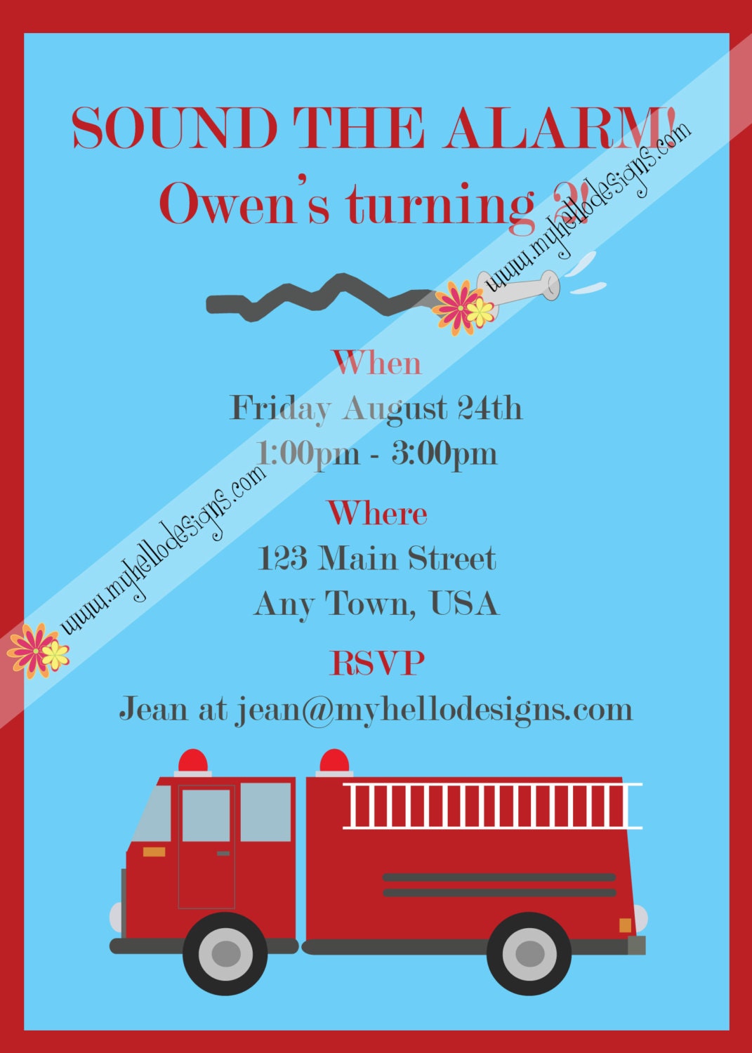 Birthday Invitation: Single Fire Truck on Blue Background