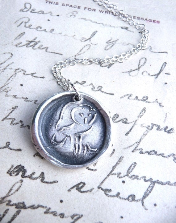 Wax seal jewelry owl pendant created from recycled fine silver by Dream of a Dream