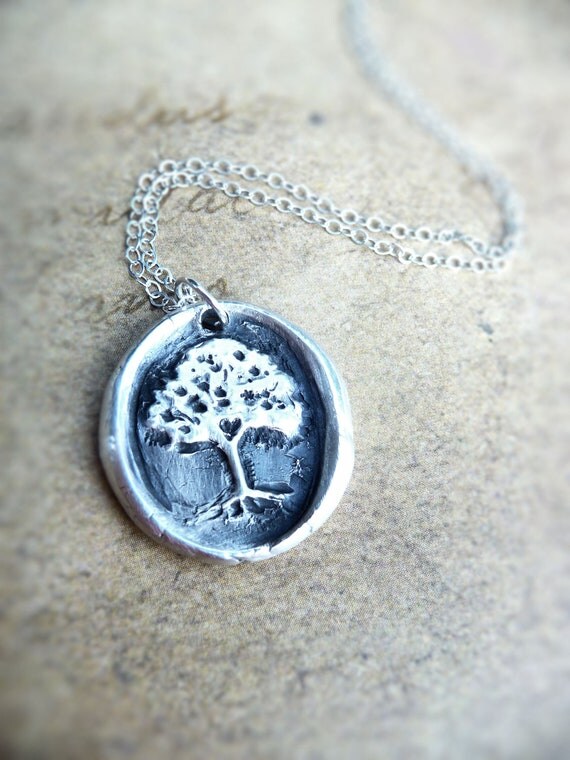 Wax seal necklace tree with hidden heart made from recycled fine silver, made to order