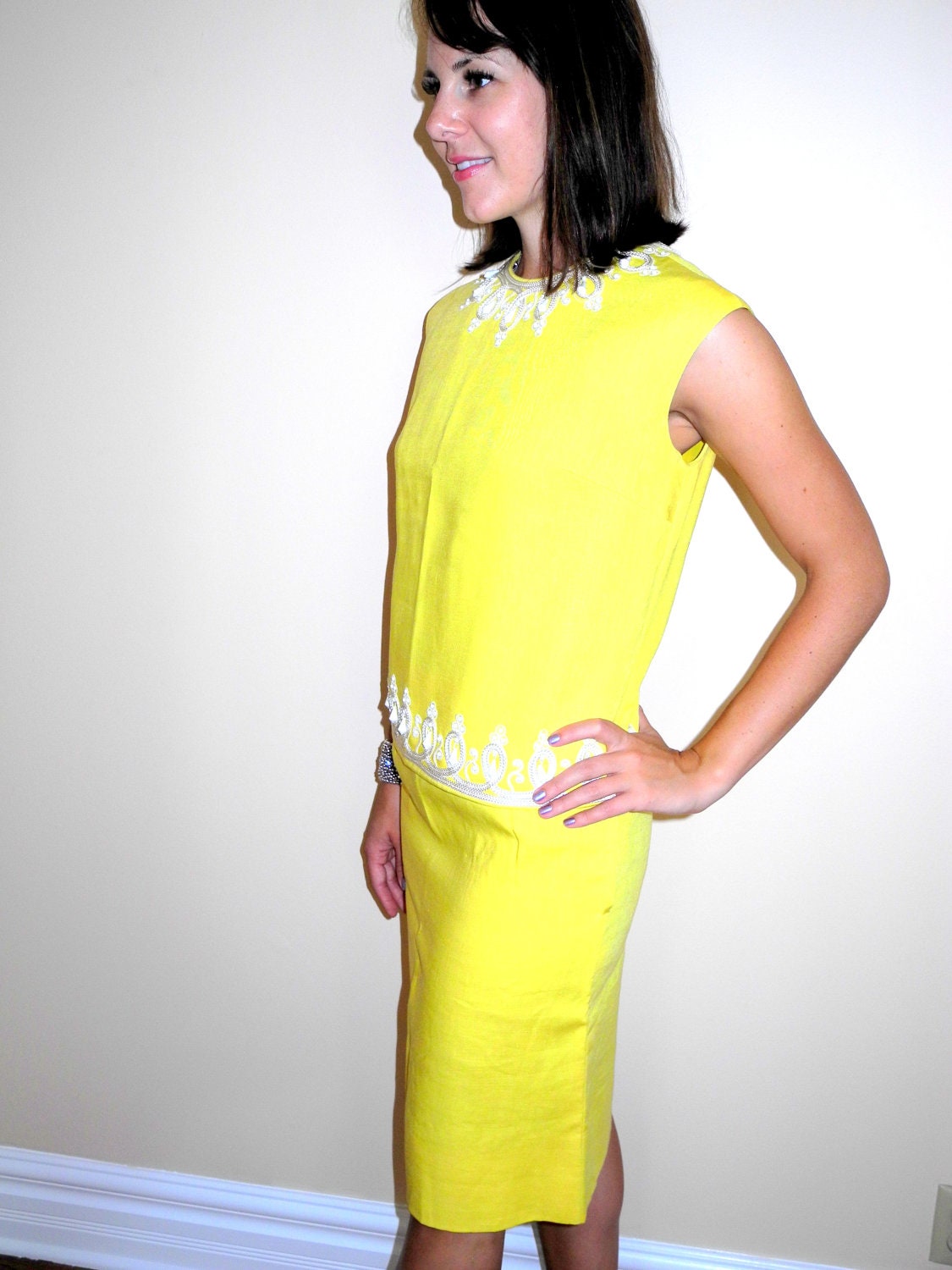 Vintage 60s Yellow ILSA ENGEL Beaded Shift Sleeveless Pencil Skirt Suit Medium M
