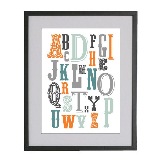 11x14 Orange, Blue and Soft Grey Vintage Alphabet Nursery Art Print by Jayna Denbow