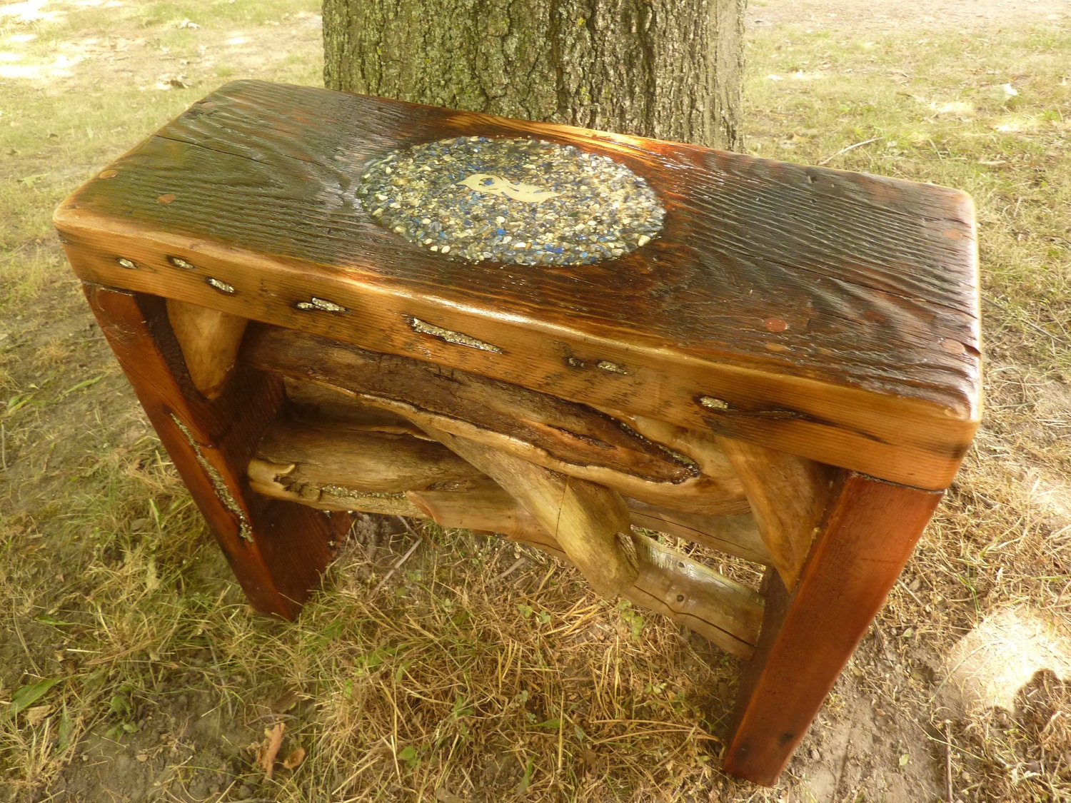 Reclaimed Barnwood Driftwood Bench with Dolphin Design and MOP & lapis inlays barn wood