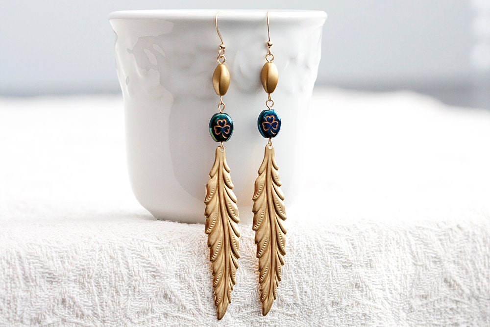 Long Feather Earring Golden Boho Earrings Teal Clover Gold Bohemian Earrings Feather Jewelry - E200