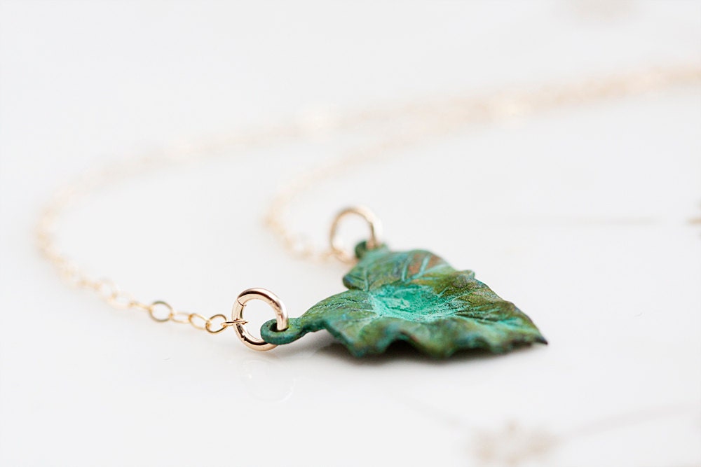 Summer Green Leaf Necklace Gold Filled Chain Patina Leaf Verdigris Charm Nature Rustic Shabby Jewelry - N253