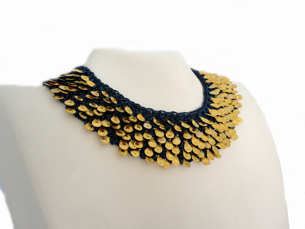 Navy Blue Gold Charms Fashion Knitted Collar Necklace