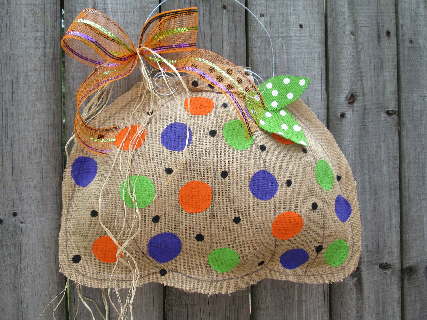 Natural Burlap Pumpkin Door Hanger Fall Burlap Polka Dot