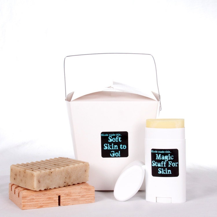 Soft Skin to Go - Gift Set contains Natural Soap Bar, Magic Stuff Solid Lotion Bar,  and Wooden Soap Dish