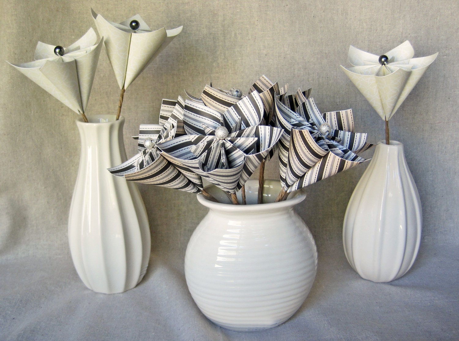 Paper flowers grouping, set of 3 cream ceramic vases with origami flowers, black, gray, cream