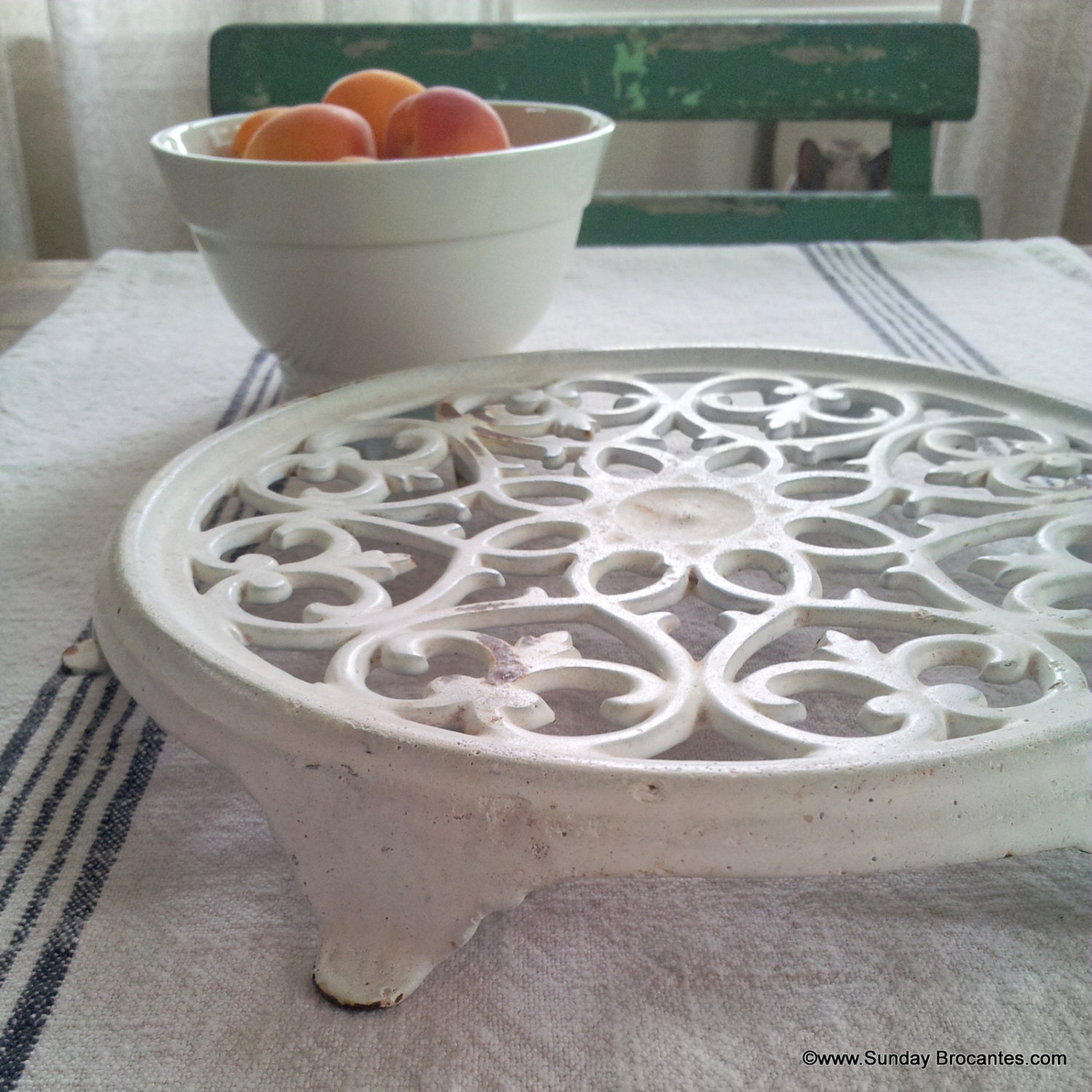 White Enamel Vintage Iron Trivet from France