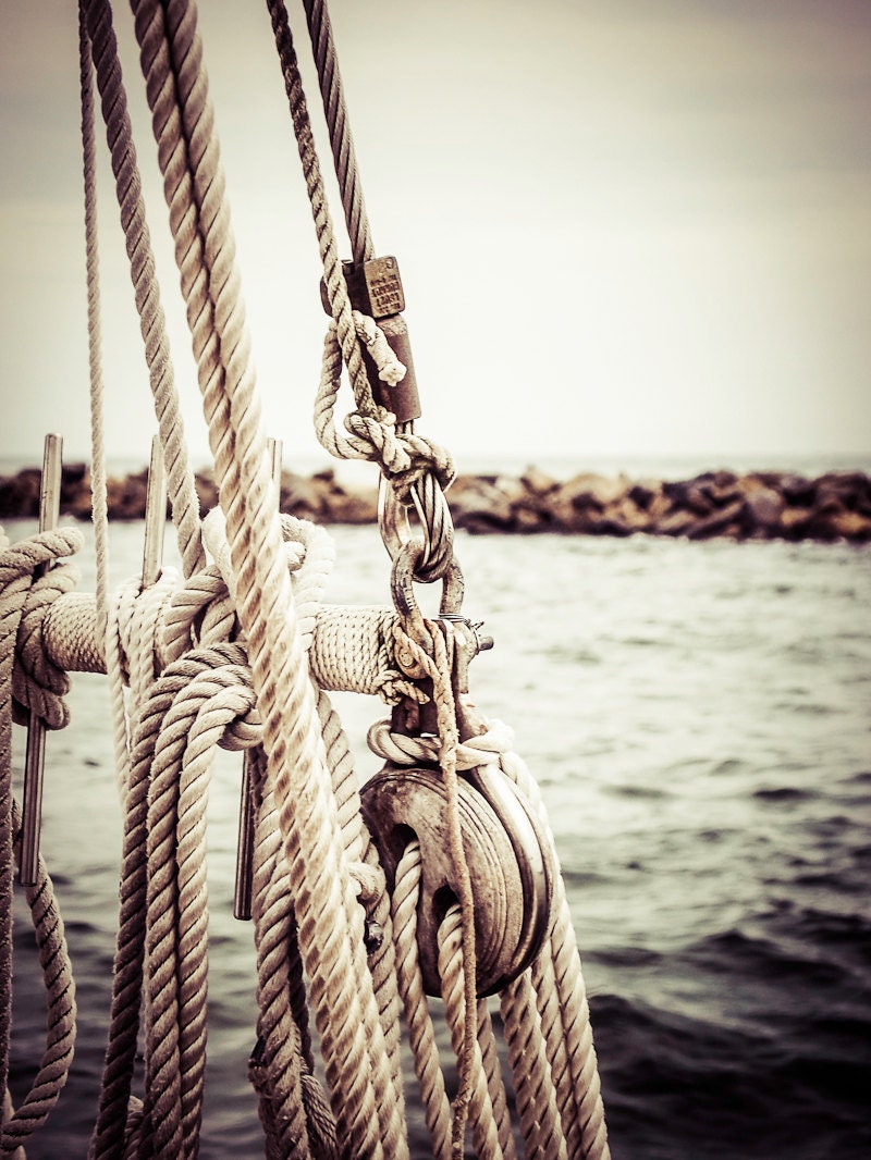Sailboat, sailing, sails, rope, coastal, sea, ocean, vintage, wall hanging, photograph, print, stylized