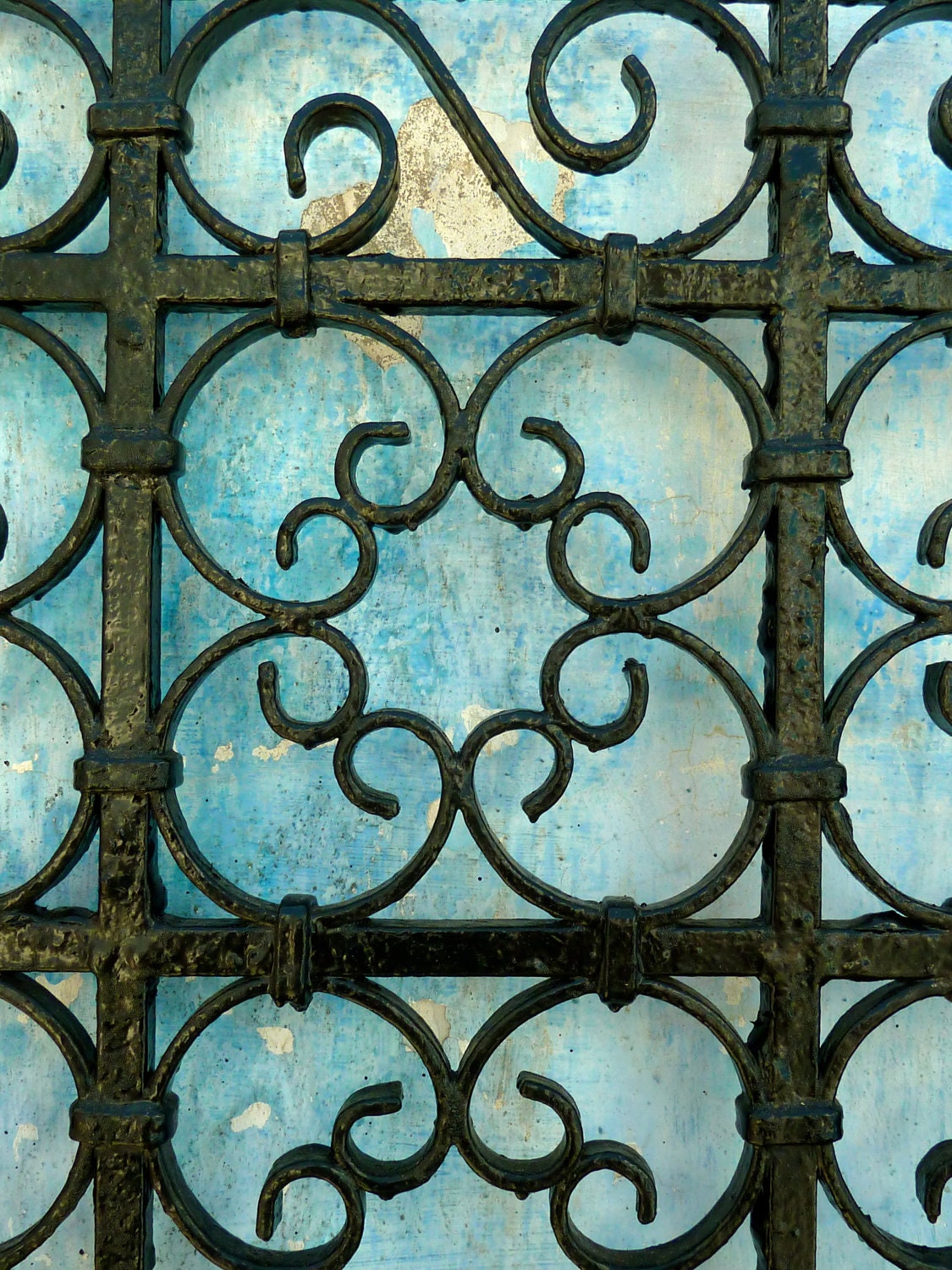 MOROCCAN wrought  - iron gate - blue faded wall - moroccan art - photo print - 5 x 7 " - HEARTtoHEARTart