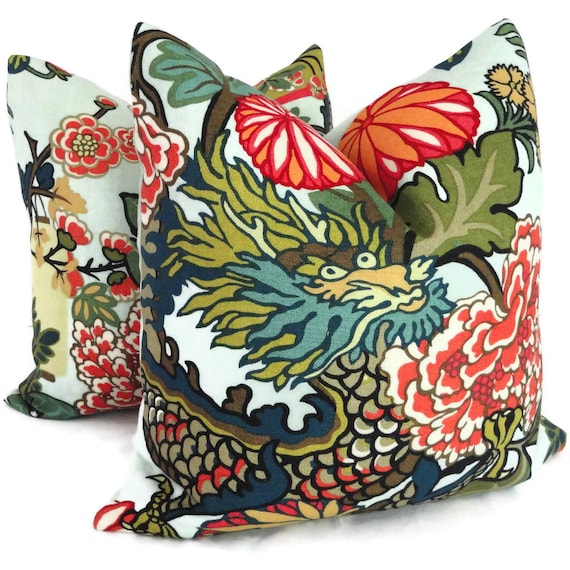 Pair of Aquamarine Schumacher Chiang Mai Dragon Decorative Pillow Covers, Toss Pillows, Accent Pillows, Throw Pillows