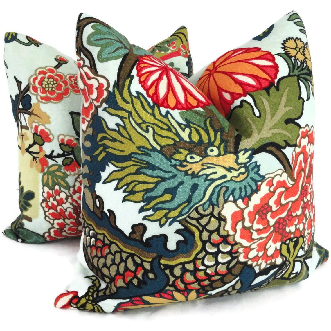 Pair of Aquamarine Schumacher Chiang Mai Dragon Decorative Pillow Covers, Toss Pillows, Accent Pillows, Throw Pillows