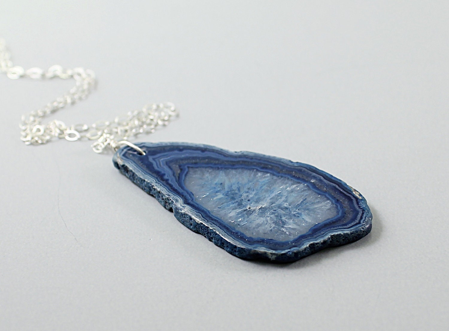 Blue necklace - drusy agate geode, sterling silver handmade druzy jewelry, pendant luxury gift for women