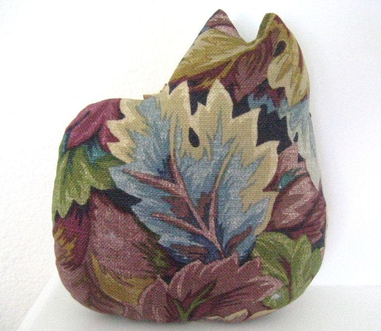 Cat Pillow Doll, Cloth Doll 7 inch Leaves Decorator Fabric, Primitive Soft Sculpture Handmade CharlotteStyle Decorative Folk Art