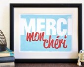Merci mon chéri - French typography print - hand painted illustration - thank you art card mini print for him