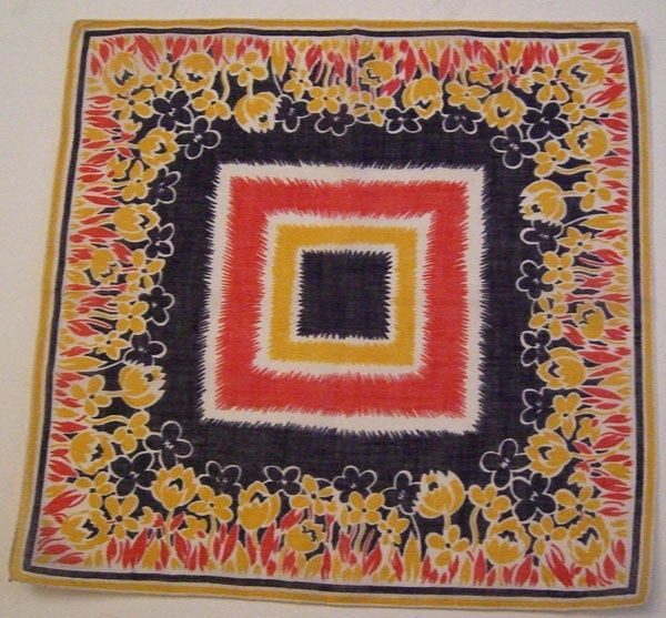 Vintage Green Yellow Geometric Floral Flower Hankie