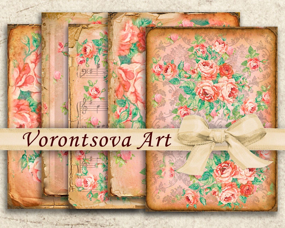 Digital PAPER ROSES VINTAGE digital collage sheet pack of 18 printable images backgrounds Scrapbook. v92424