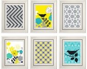 Set of Six Modern/Vintage Turquoise/Yellow Wall Art - 8x11 Print Set - Home Decor - For Home (Unframed)