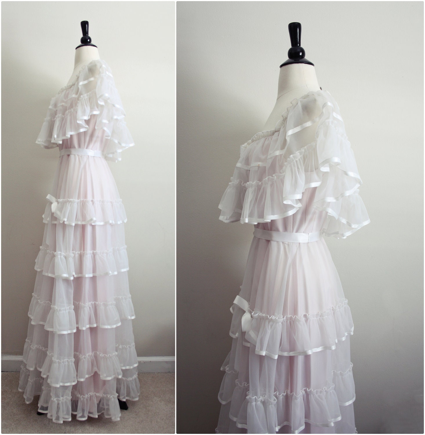 Reserved//70's Senorita Ruffle Wedding Dress. Mexican Boho Maxi Peasant Dress. Size Medium
