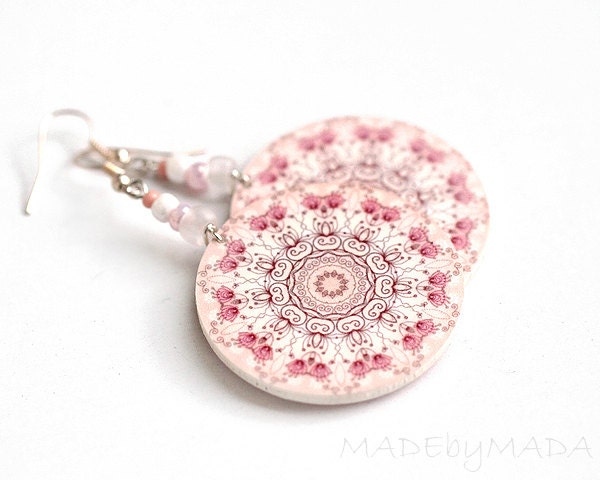 Delicate pink Rosette Round decoupage earrings Floral motif , gift for her under 25 (A1)