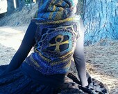 Ankh Hooded Pixie Vest-OOAK-Custom Order- Knit Crochet Gypsy Hippie Hippy Sweater Jacket Hoodie Hoody Vest Womens Clothing
