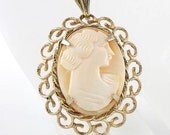 Vintage carved Shell Cameo Necklace gilt filigree