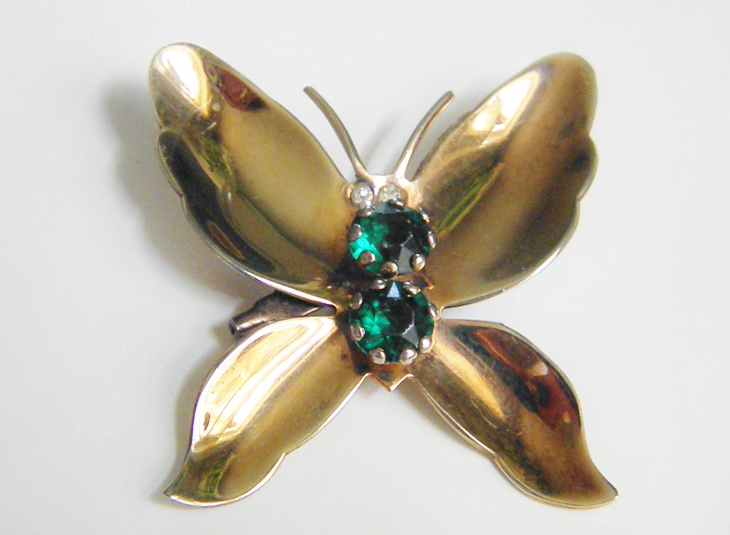 Large Vintage Coro Green Rhinestone Butterfly Brooch
