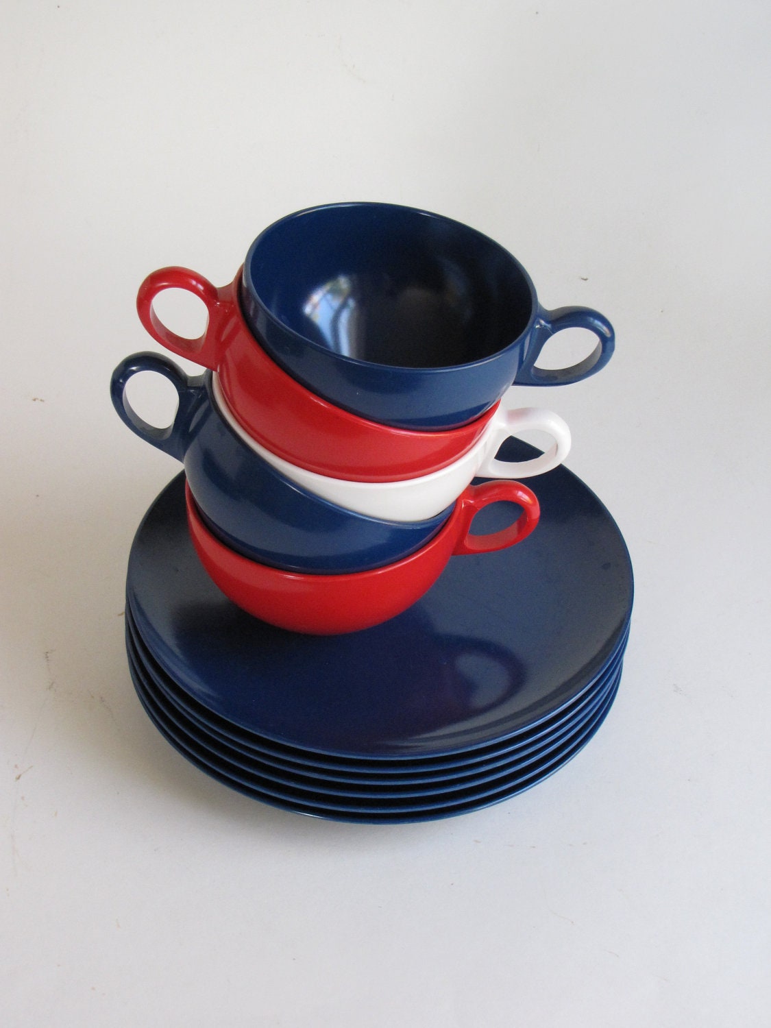 Vintage Patriotic Red White and Blue Melmac Dishes - 5 cups, 6 Plates