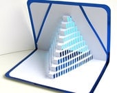 3D Pop Up STAIRS 2 LOVE With the Light Shines Through. Origamic Architecture of Geometric Intricate Cuts in White and Metallic Blue OoAK