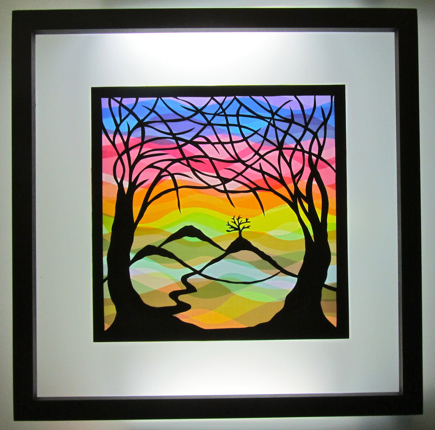 Trees Of Life Home Décor Wall Art Silhouette Paper Cutout, Rainbow Colors in the Background Original Handmade Design Framed & Signed OOAK
