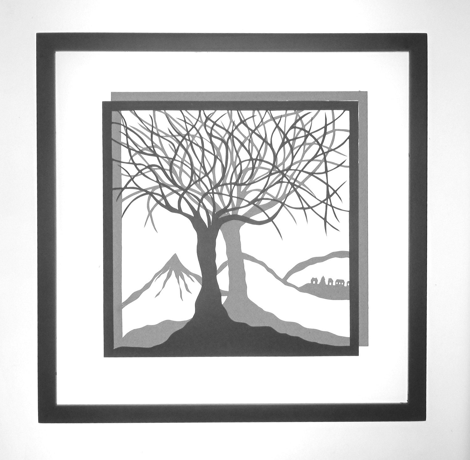 Trees Of Life Wall Art Home Décor Silhouette Paper Cutouts w/ Two Layers of Black and Grey Original Handmade Design Framed Signed OOAK