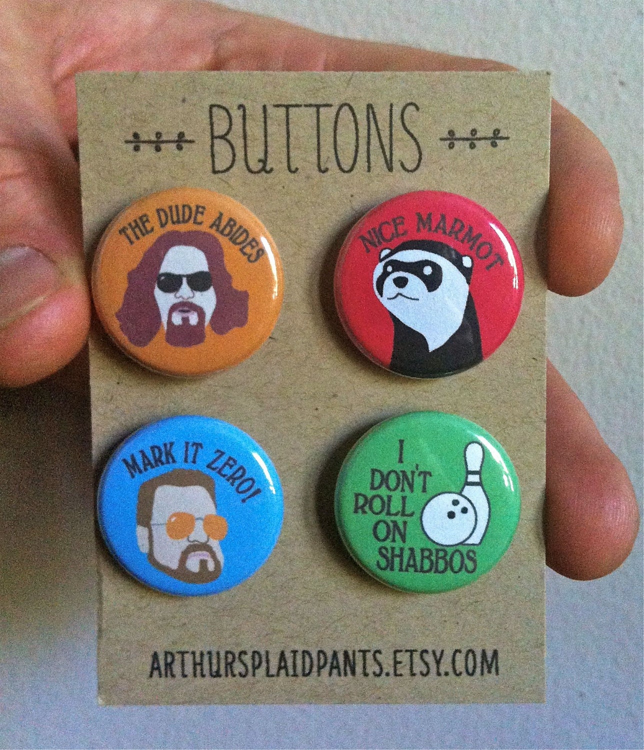 Big lebowski pin set, the dude, the dude abides pin, nice marmot, Walter Sobchak pin, pinback button set,  handmade 1" buttons
