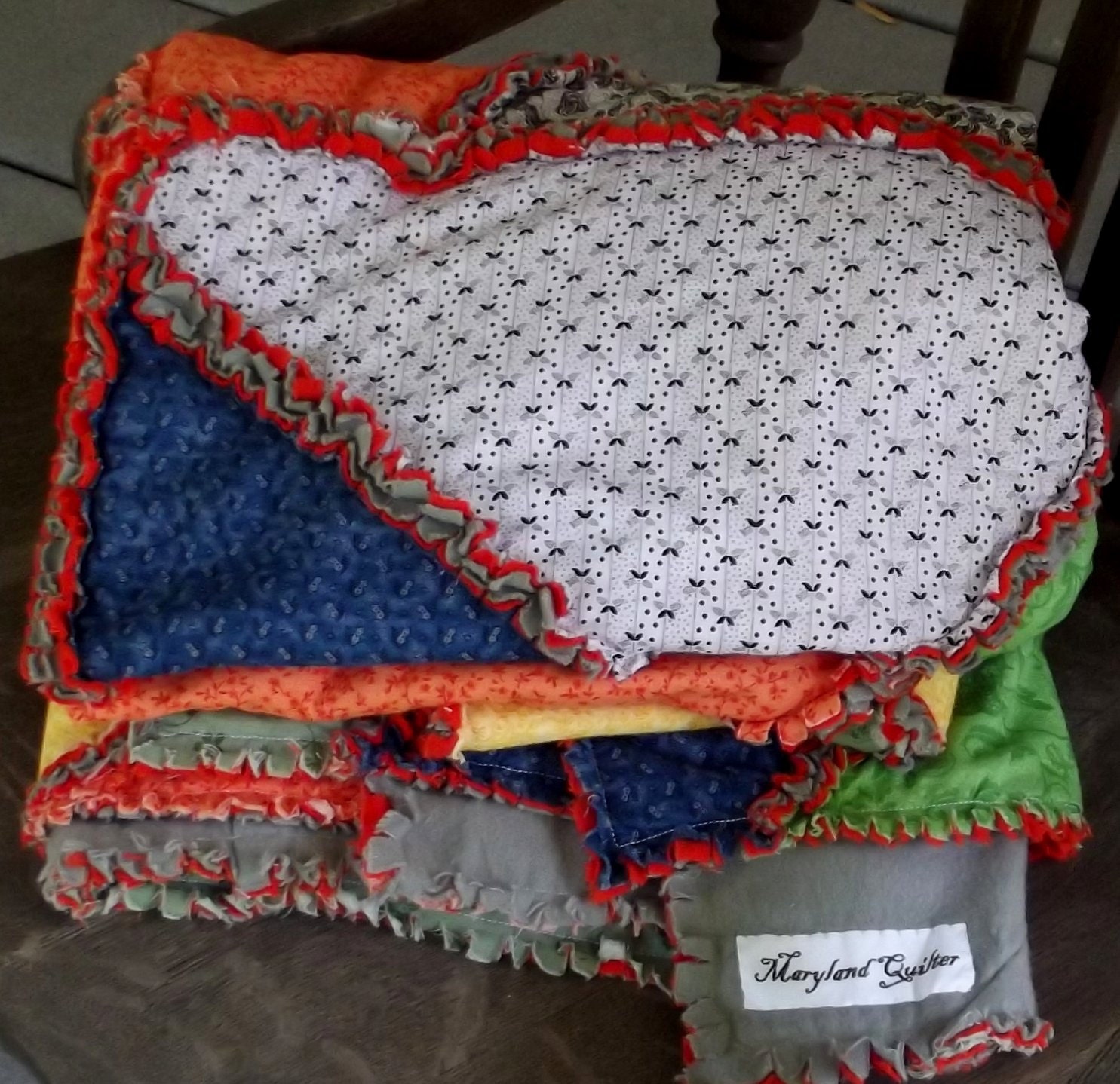 crazy rag quilt, many colors, matching pillow included