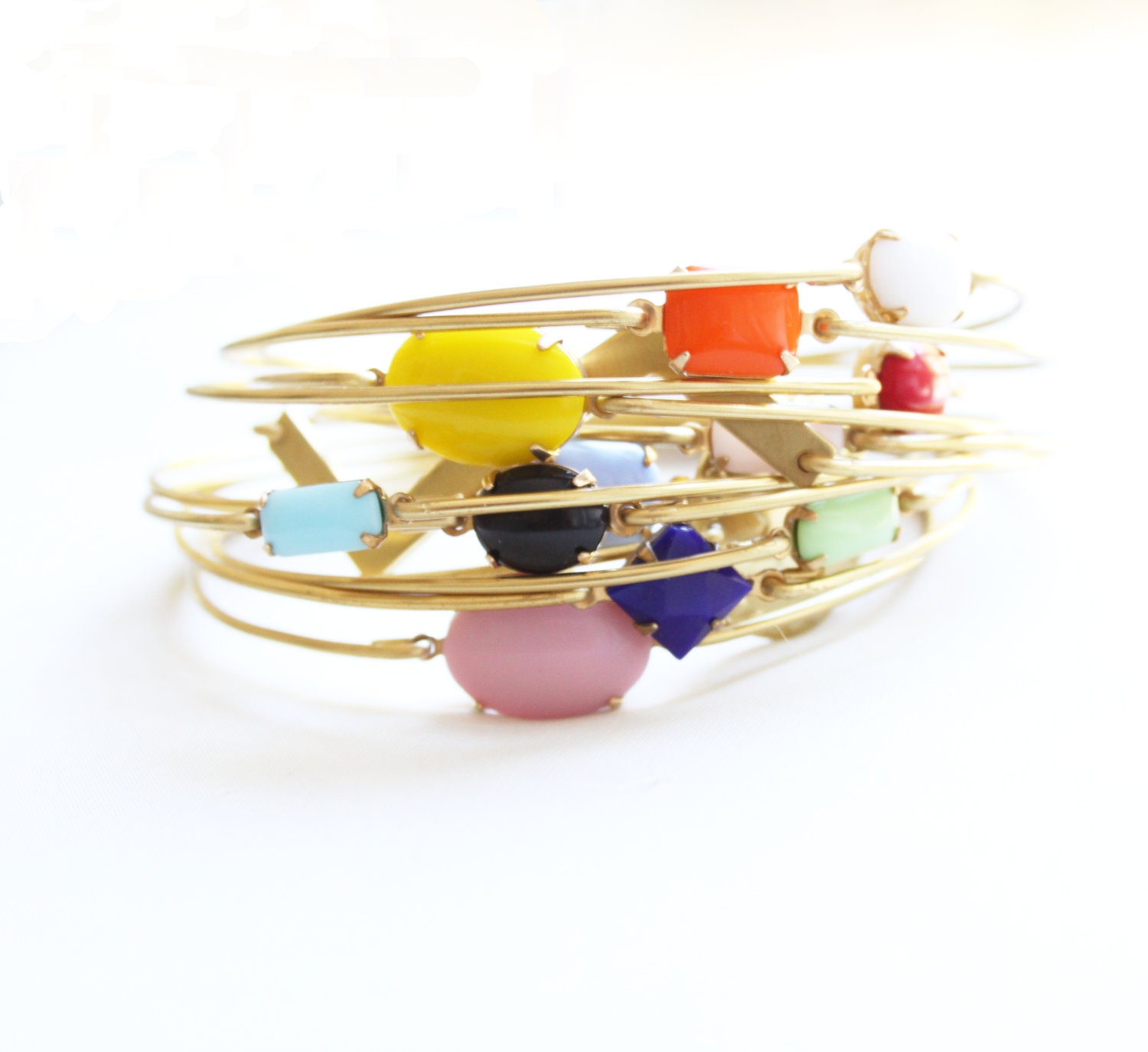 Lucky Thirteen Bangle Set, Stacked Bangles, Gem Stone Bangle, Bezel Bangle, Charm Bracelet, Colored Stone Bracelet, Vintage Stones