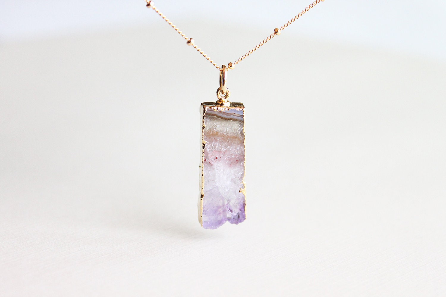 Amethyst Slice Necklace - small raw natural amethyst slice on 14k gold filled beaded chain