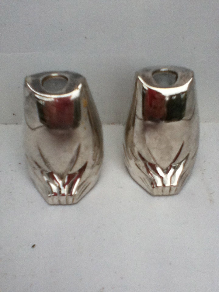 silver plate owl salt and pepper shaker vintage small blue eyes made in hong kong