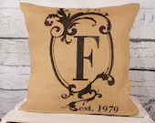 Burlap pillow with monogram initial - established date - personalized pillow - Pillow Insert sold separately