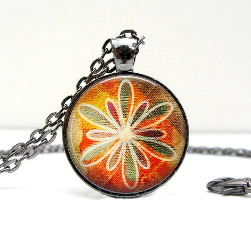 Repro Fabric Orange Green Necklace Glass Dome Art Picture Pendant Photo Pendant Handcrafted Jewelry by Lizabettas