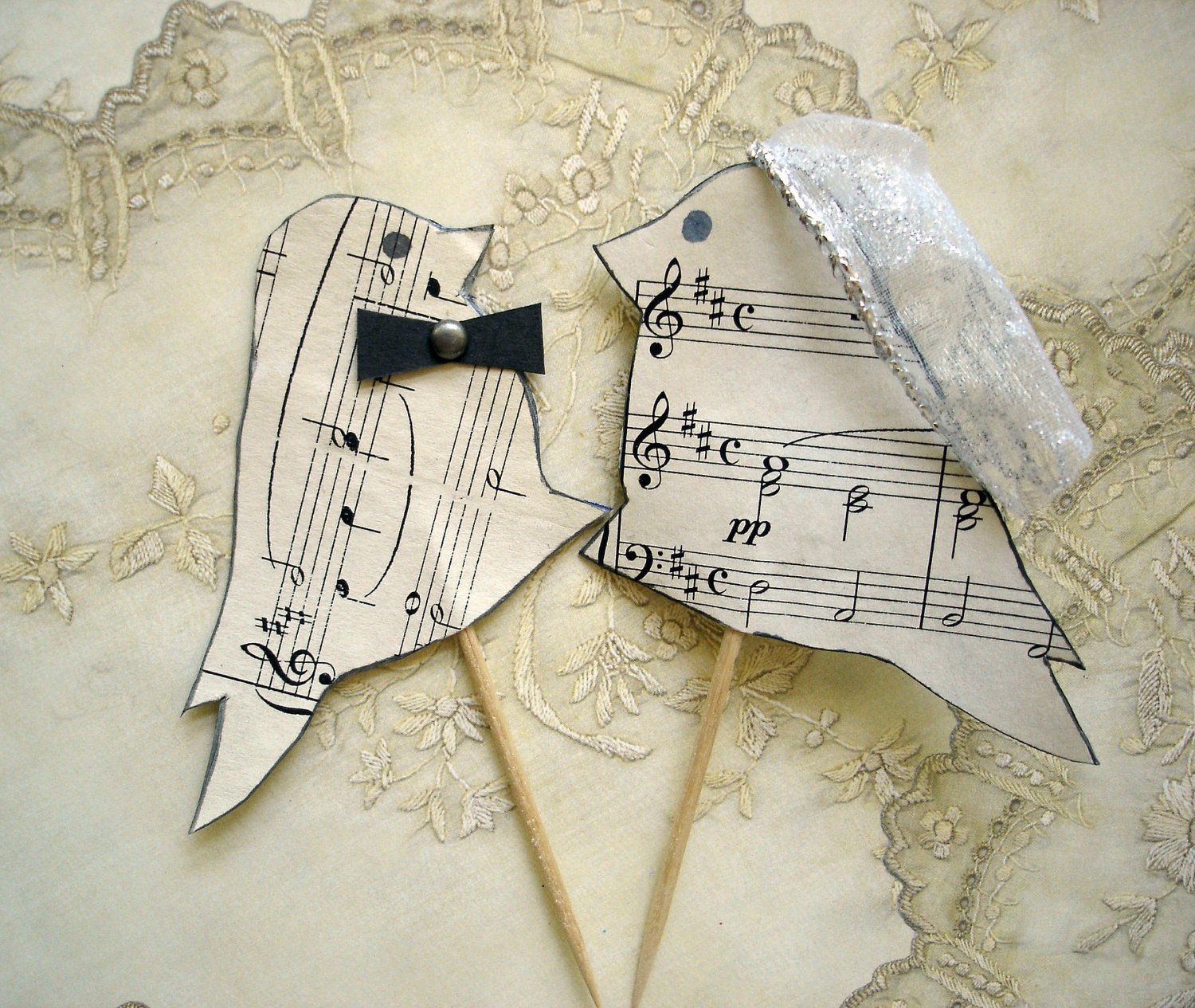 Ready to Ship Wedding cake topper, recycled sheet music, love birds, eco-friendly, music wedding cake topper