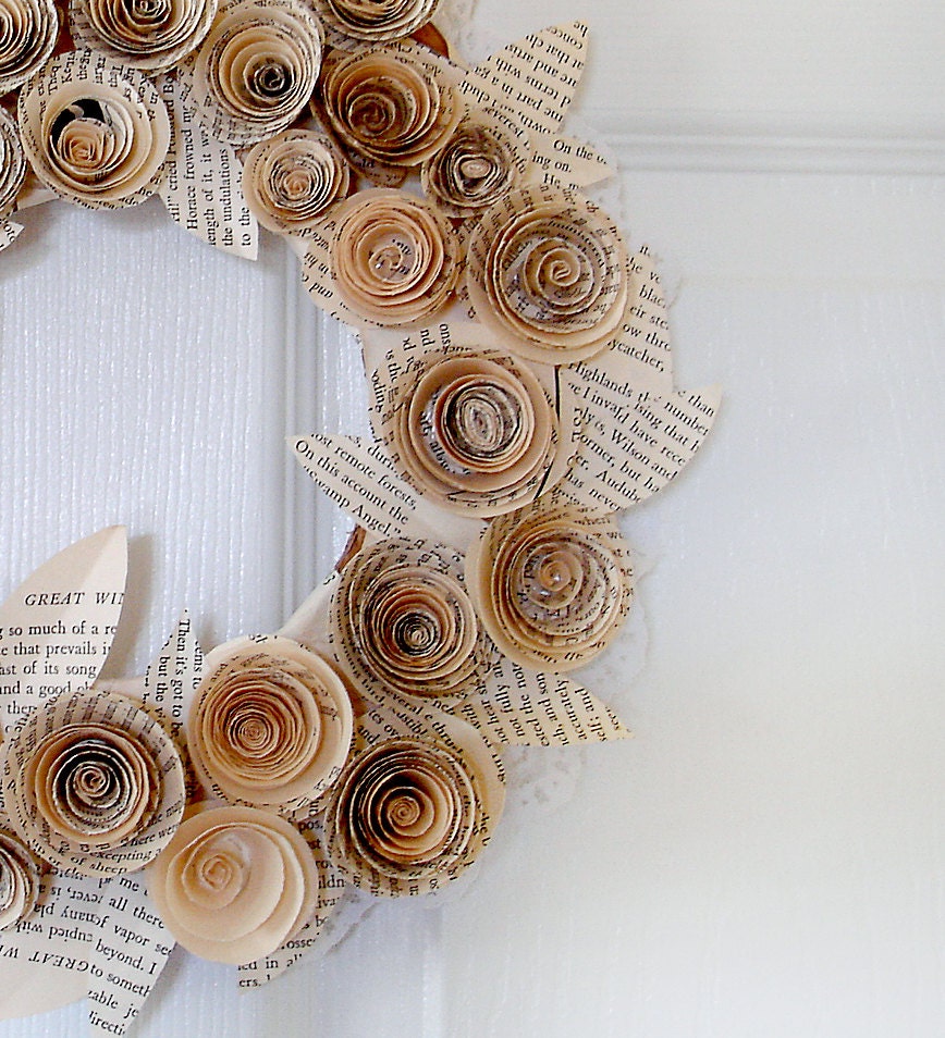 Recycled book paper flower wreath for home or wedding decor