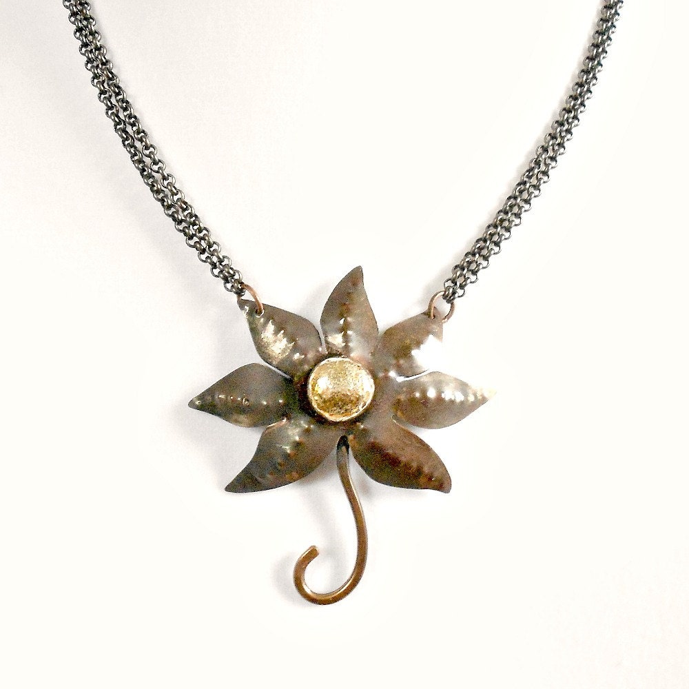 Repoussee Coneflower Blossom Pendant Sterling Silver Jewelers Brass Mixed Metals - CityRusticJewelry