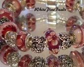 European  Style  Charm Bracelet Raspberry Pink Angels Among Us  Handmade with Murano Glass Lampwork Beads by WhitePineBeads