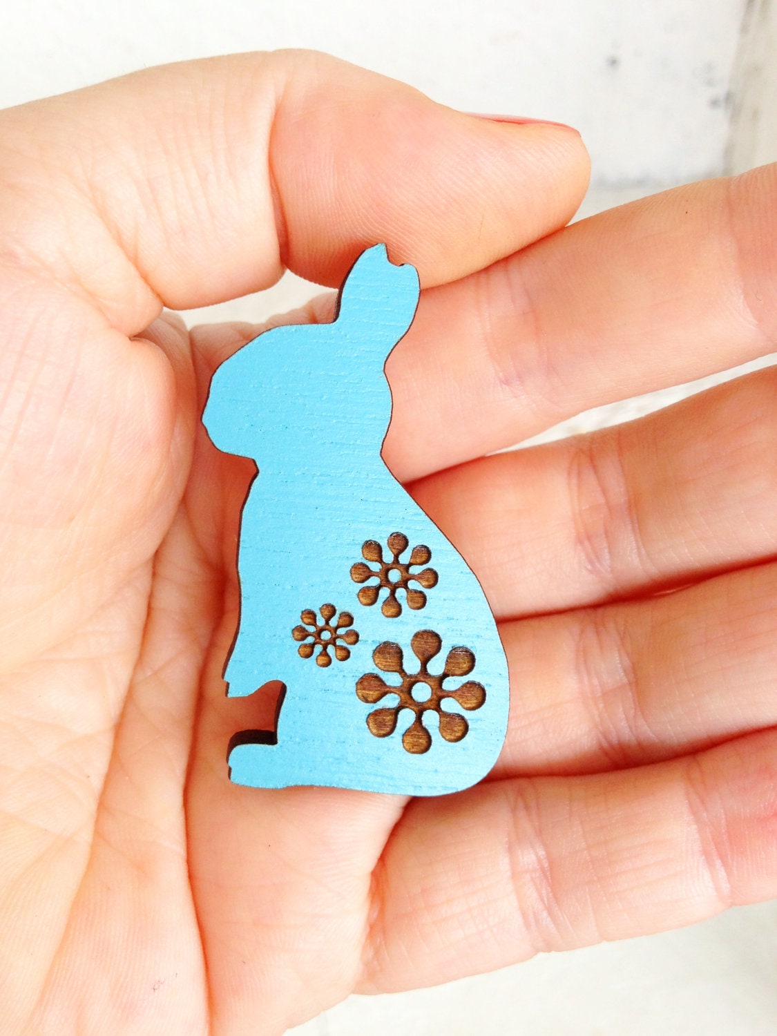 Summer Love Bunny Brooch - Hand Painted Wooden Laser Cut - Sky Blue