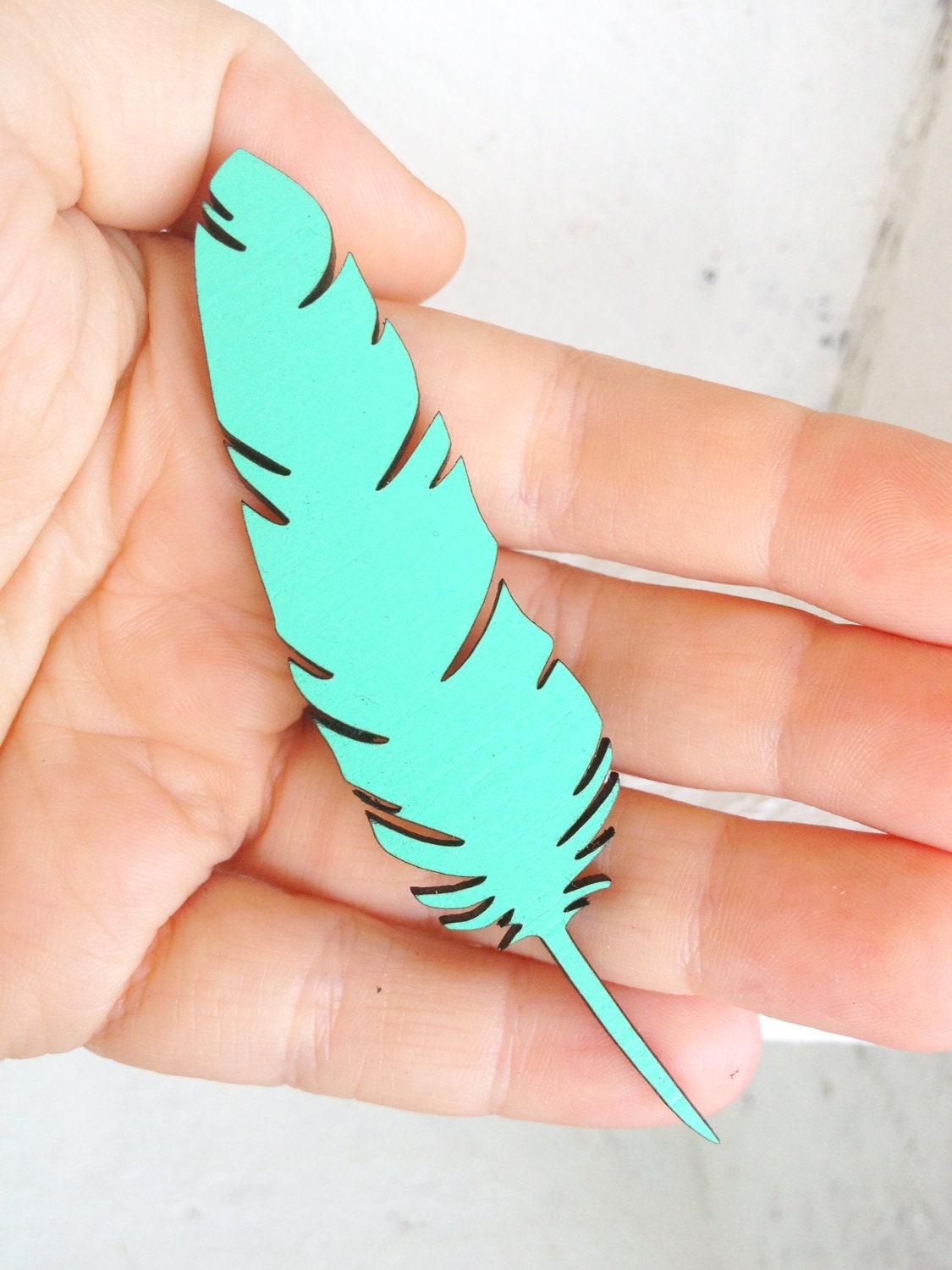 Summer Love Feather Brooch - Hand Painted Wooden Laser Cut - Mint Turquoise