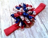 Red White and Blue Fourth of July Korker Bow with FREE Lace Headband for a limited time