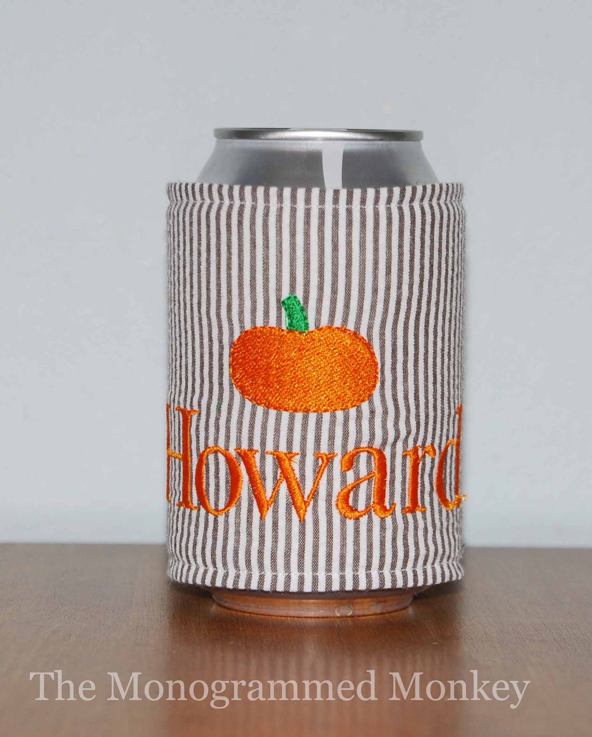 Custom Boutique Pumpkin Seersucker Personalized Monogrammed Insulated Drink Can Koozie Cozy Coozie Drink Hugger Drink Huggie Coosie Koosie