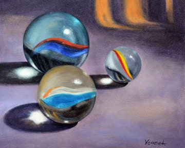 Three Marbles Painting, 8x10 Fine Art Print of Original Still Life by Vickie Sue Cheek, glass cat eyes, warm and cool violet background